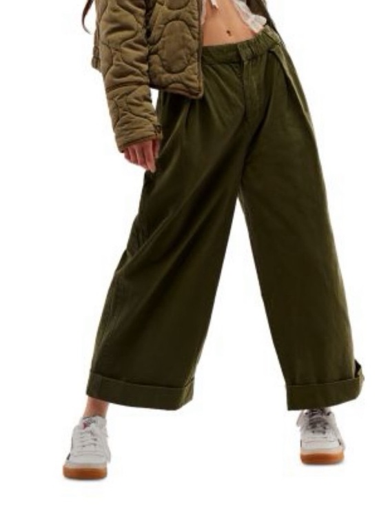 Free People Pants - Free People Olive Green After Love Pleated Wide-Leg Cuffed Pants